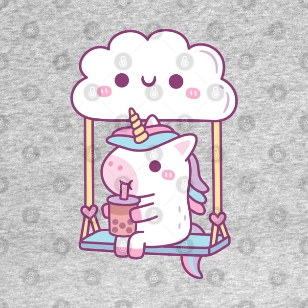 Cute Little Unicorn Drinking Bubble Tea On Cloud Swing by rustydoodle